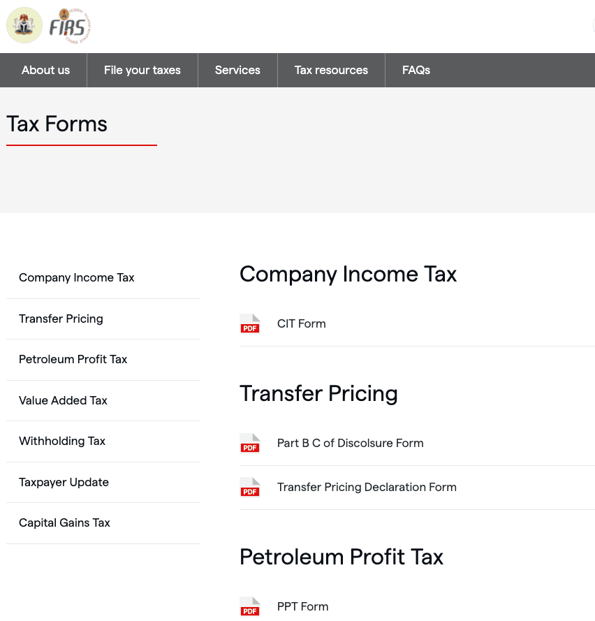 FIRS Tax Forms page